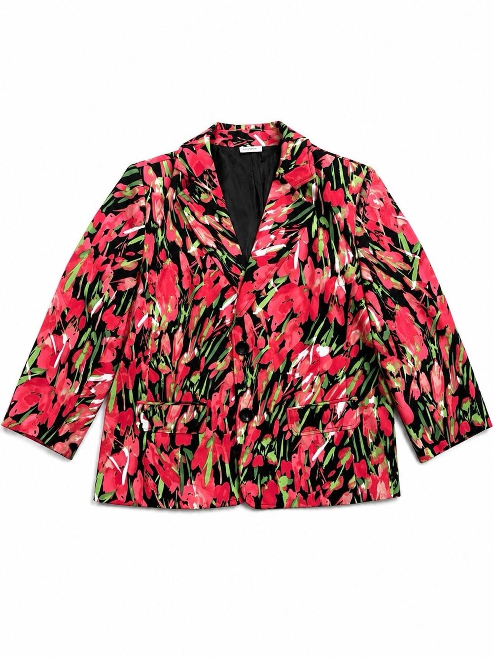 Kim Rogers Women’s Large Floral Blazer Pink Black Button Front Jacket